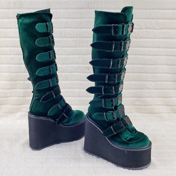 Demonia Shoes - Swing Emerald Green Velvet Goth Punk Multi Strap Platform Restocked